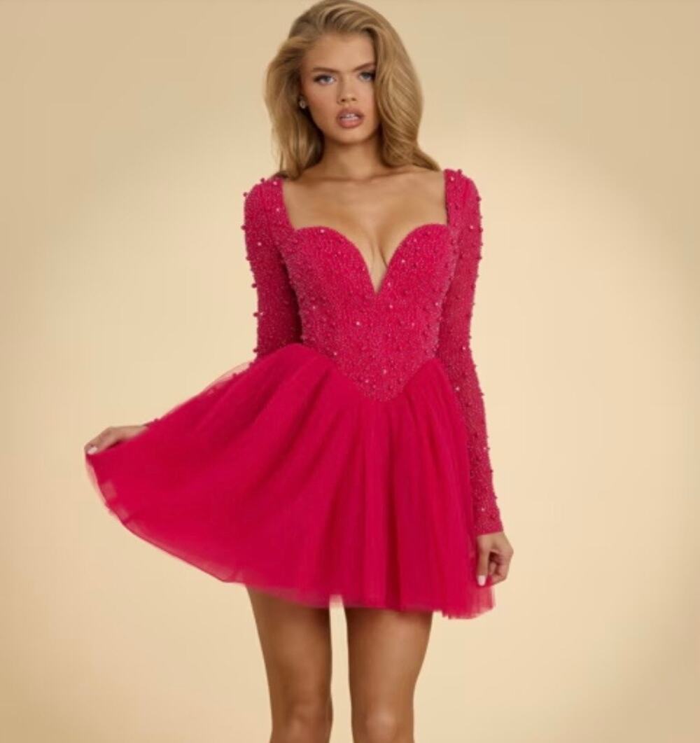 Oh Polly Plunge Neck Tulle Mini Dress in Hot Pink Size 8 New
